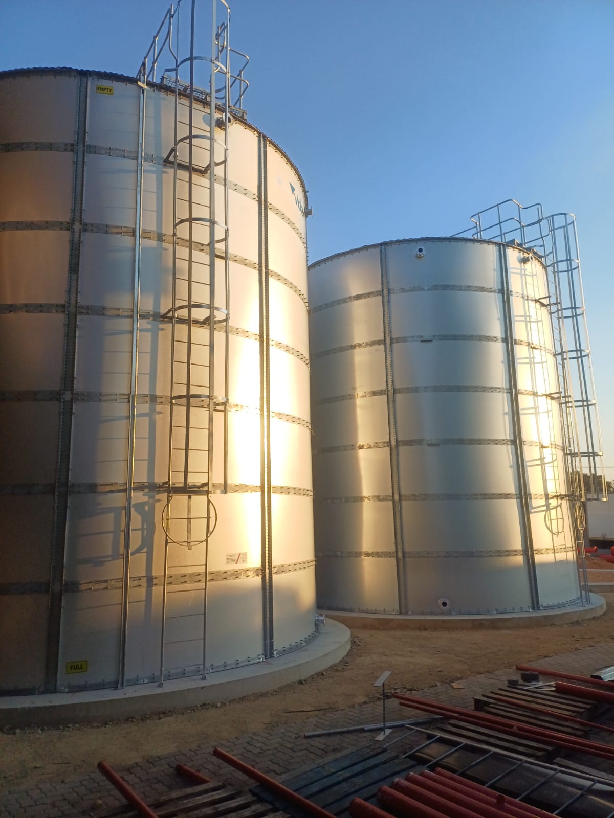 Two completed cylindrical Aluzinc fire water tanks at the Turffontein site