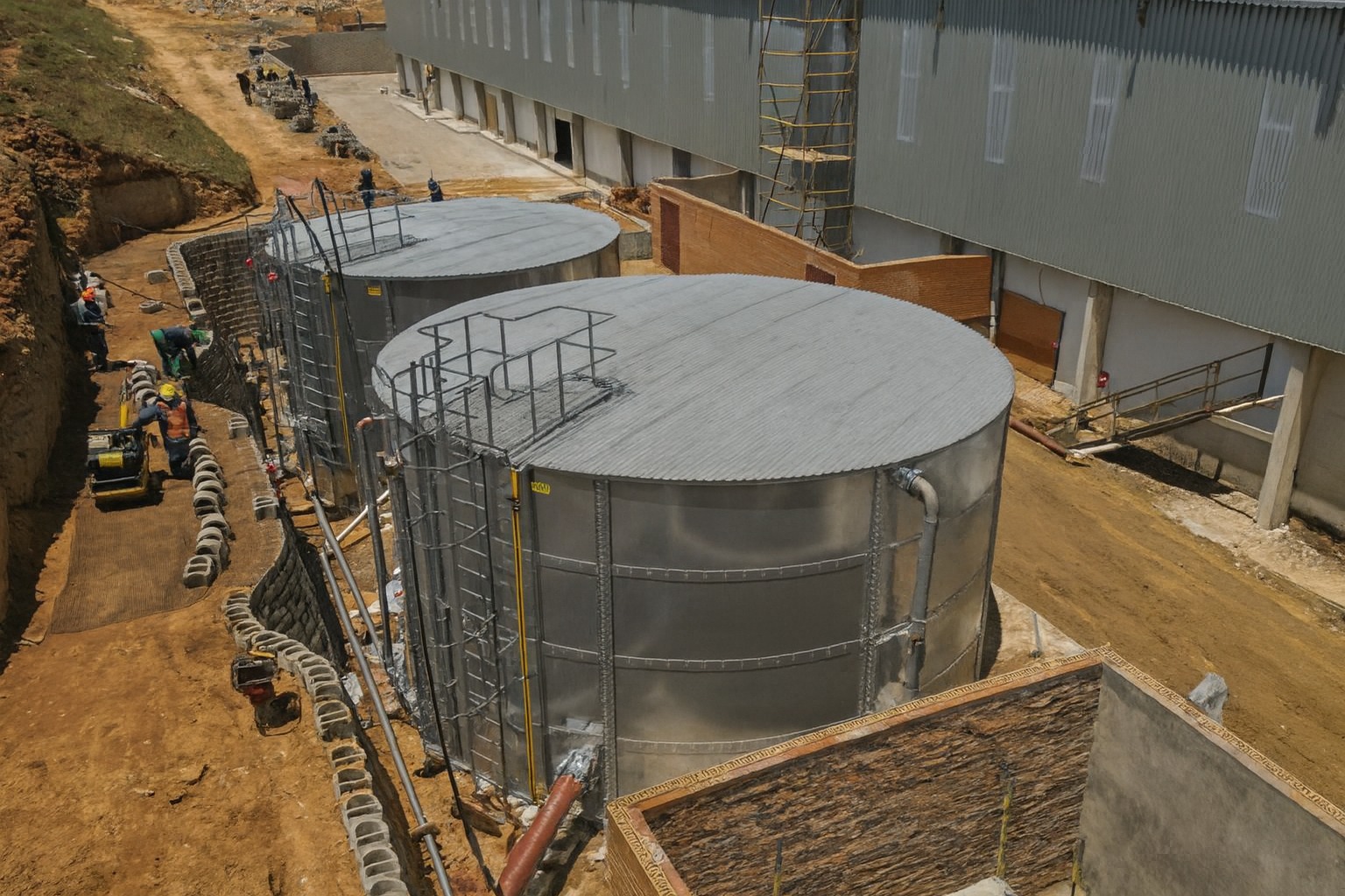 Two large water reservoir tanks under construction by Videx