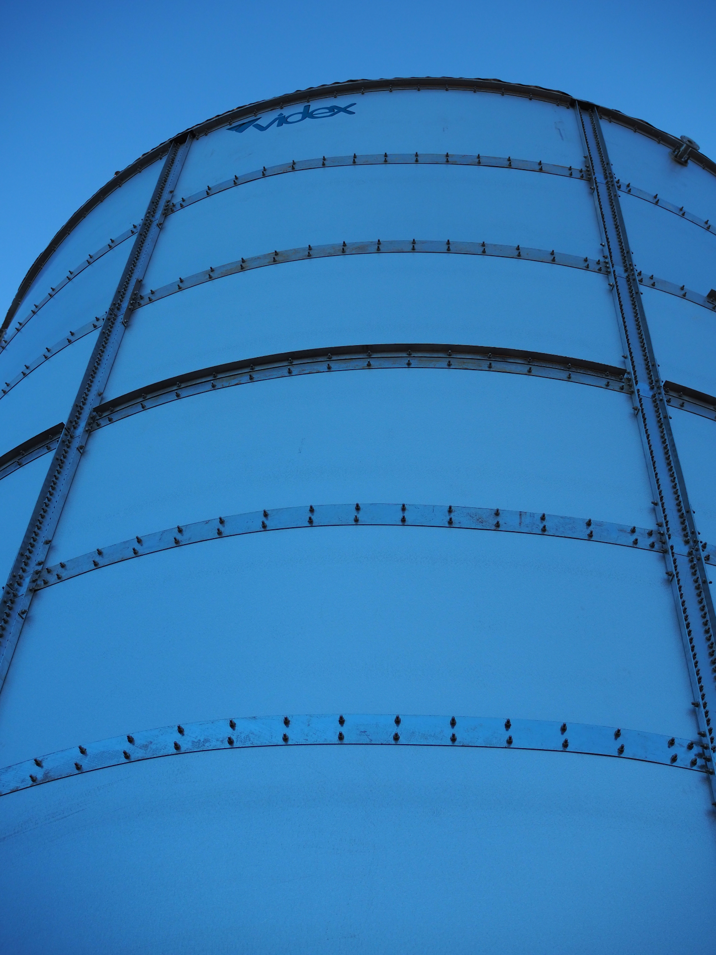 Close-up view of a Videx cylindrical steel fire protection tank